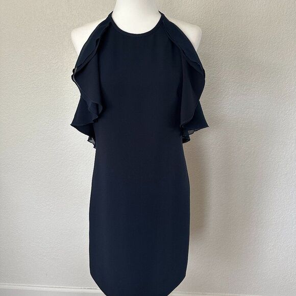 Reiss 'Reva' Navy Halterneck Shift Mini Dress with Frill Details Sz 6 - Picture 1 of 14